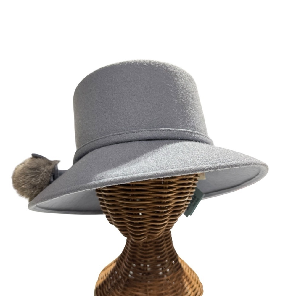 Betmar New York Gray Wool Hat with Faux Fur Pom Accents – Wide Brim Cloche - Picture 2 of 11